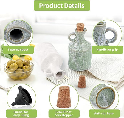 MDLUU Ceramic Olive Oil Vinegar Dispenser Bottle with Cork Stopper, 13.5 oz Porcelain Clay Small Opaque Oil Cruets with Funnel, Set of 2 (Green and White)