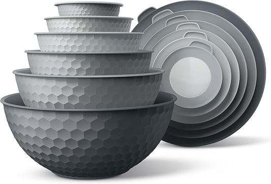 COOK WITH COLOR Mixing Bowls with Lids - 12 Piece Plastic Nesting Bowls Set includes 6 Prep Bowls and 6 Lids, Microwave Safe Mixing Bowl Set, Grey Embossed by CookwithColor