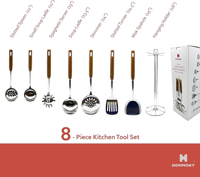 Cooking Utensils Set, 8-Piece 304 Stainless Steel Kitchen Tool Sets with Holder, Wooden Handle Heat Resistant Kitchen Cookware Set, Gadgets Tools Set Gift - Image 5
