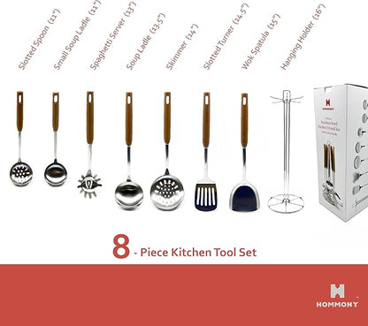 Cooking Utensils Set, 8-Piece 304 Stainless Steel Kitchen Tool Sets with Holder, Wooden Handle Heat Resistant Kitchen Cookware Set, Gadgets Tools Set Gift - Image 5