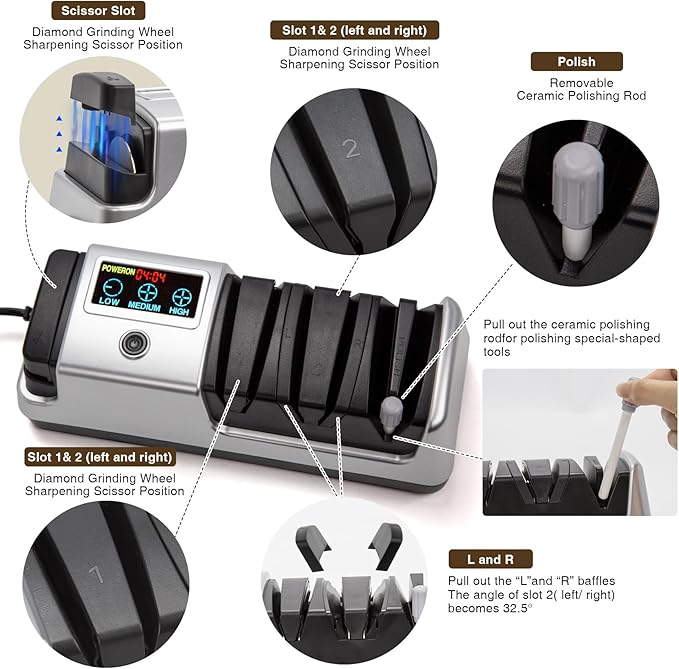 Silver Professional 3-Stage Electric Knife Sharpener for Kitchen Knives, LCD Screen, 100% Diamond Abrasive, Adjustable Rotational Speed, Precision Angle Guides for All Kitchen Knives - Image 5