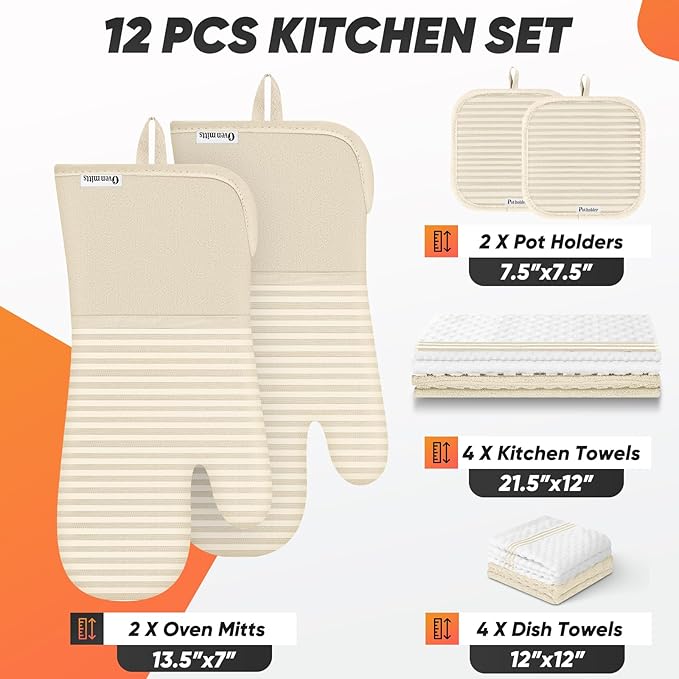 Oven Mitts Kitchen Towels and Dishcloths with Pot Holders Sets, Oven Gloves Hot Pads 500°F Heat Resistant with Silicone Grip, Include 2 Cooking Gloves/2 Potholders/4 Kitchen Towels/4 Dish Towels - Image 2