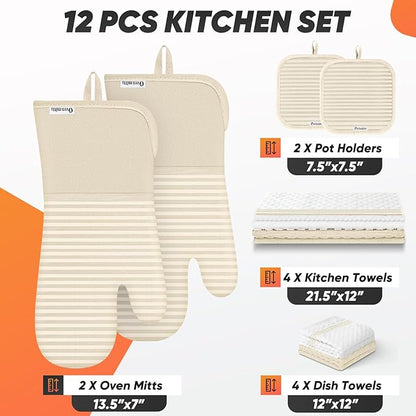 Oven Mitts Kitchen Towels and Dishcloths with Pot Holders Sets, Oven Gloves Hot Pads 500°F Heat Resistant with Silicone Grip, Include 2 Cooking Gloves/2 Potholders/4 Kitchen Towels/4 Dish Towels - Image 2