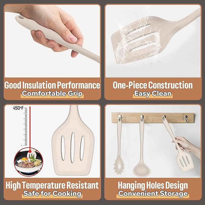 E-far Silicone Cooking Utensils Set, 7-Piece Khaki Heat Resistant Kitchen Utensils Set, Kitchen Nonstick Tools Spatula Ladle Spoon Pasta Server for Non-stick Cookware, Non-Toxic & Dishwasher safe - Image 3
