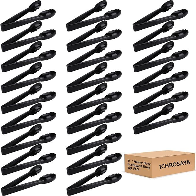 40 Pieces Plastic Salad Tongs, Black Kitchen Serving Tongs, 9 Inch Disposable Utensils Set, Heavy Duty Scalloped, Perfect for Buffets and BBQ, Food Safe Material by ICHROSAYA