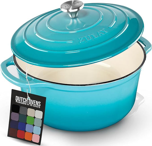 Zulay Kitchen 6 Quart Enameled Cast Iron Dutch Oven Pot with Lid – Premium Durability & Oven Safe up to 500°F – Heavy Duty Cookware Perfect for Bread Baking, Stews, Braising & Roasting - Light Blue by ZulayKitchen