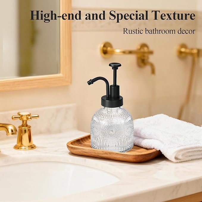 SheeChung Vintage Soap Dispenser, Kitchen Dish Soap Dispensers with Pump Mat, Glass Hand Soap Dispenser for Bathroom, Liquid, Lotion, Refillable, Rustic Farmhouse Decor-Clear (Black Pump, 2 pk)