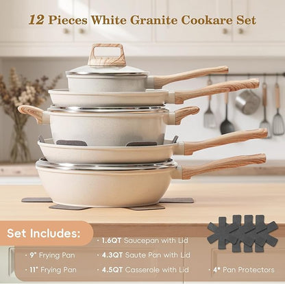 SODAY 12 Pcs Pots and Pans Set Non Stick, Cookware Sets White Granite Induction Cookware, Non-toxic Healthy Nonstick Kitchen Cooking Set with Frying Pan Set, Saucepans (PFAS/PFOA/PFOS Free) - Image 2