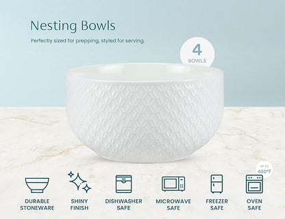 KooK Ceramic Mixing Bowls, Nesting Set of 4, Embossed Kitchen Dishware, Prep, Serving, Gift, Microwave and Dishwasher Safe, 20/44/98/145 oz, Narbonne Collection (Marshmallow) - Image 5