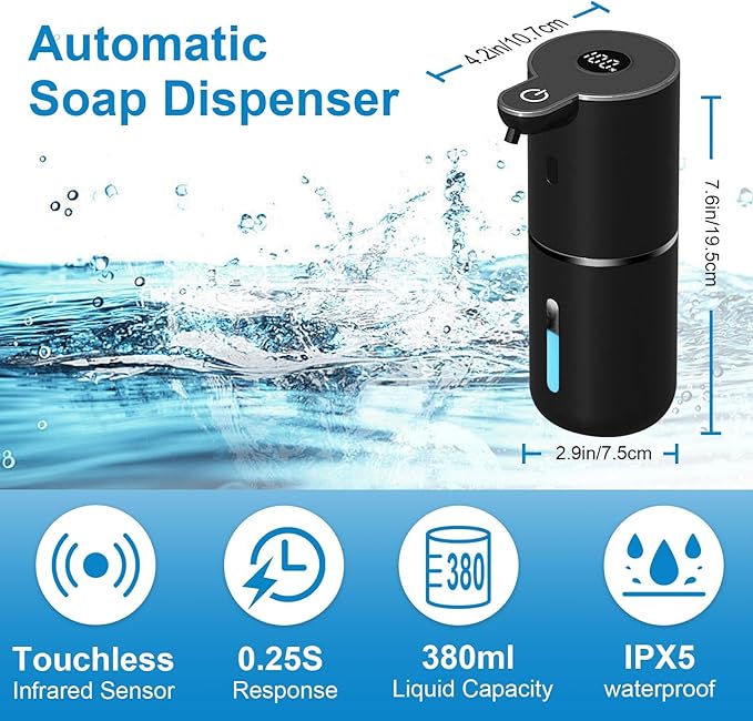 OHIFAST 2 Pack Automatic Liquid Soap Dispenser Touchless, USB Rechargeable Smart Hand Soap Dispenser, 6-Level Adjustable, 12.8oz/380mL, Compatible with Thick Thin Dish Soap for Bathroom Kitchen-Black - Image 2