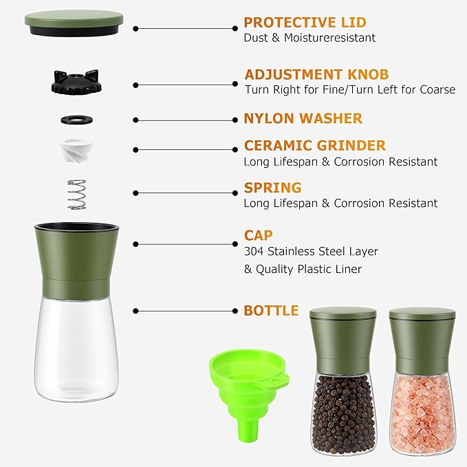 R DRURLCD Sage Green Stainless Steel Sea Salt and Pepper Grinder Set of 2 - Adjustable Ceramic Glass Salt and Pepper Shakers - Kitchen Pepper Mill & Salt Mill W/Funnel