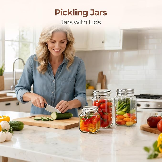 ComSaf Set of 3 Square Glass Jars with Airtight Lids (51 Oz), Wire Clamp Canisters for Pickling, Kombucha & Bulk Food, Wide Mouth Canning Jars for Space Saving Kitchen & Pantry Organization - Image 7