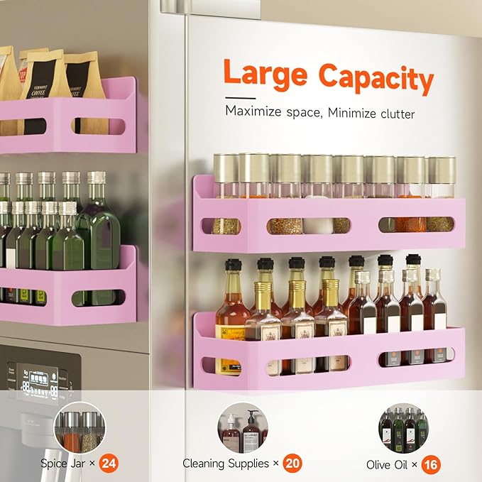 Sevenblue 4 Pack Strong Magnetic Spice Rack for Refrigerator, Multipurpose Magnetic Shelf for Fridge with 4 Hooks for kitchen and Bathroom Organization, Pink - Image 4