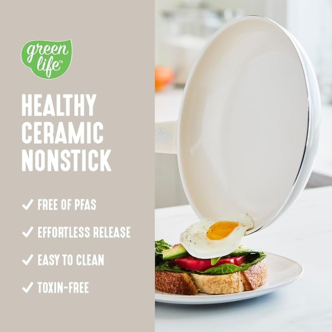 GreenLife Soft Grip 16 Piece Cookware Set, Non-Toxic PFAS-Free Ceramic Nonstick, Frying, Sauce, Saute, Utensils, Glass Lids, Stay-Cool Handles, Wobble Free, Dishwasher & Oven Safe, Cream - Image 2