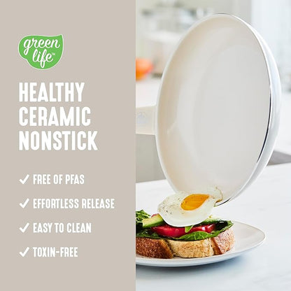GreenLife Soft Grip 16 Piece Cookware Set, Non-Toxic PFAS-Free Ceramic Nonstick, Frying, Sauce, Saute, Utensils, Glass Lids, Stay-Cool Handles, Wobble Free, Dishwasher & Oven Safe, Cream - Image 2