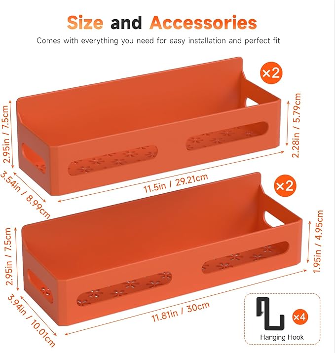 Sevenblue 4 Pack Strong Magnetic Spice Rack for Refrigerator, Multipurpose Magnetic Shelf for Fridge with 4 Hooks for kitchen and Bathroom Organization, Orange - Image 7