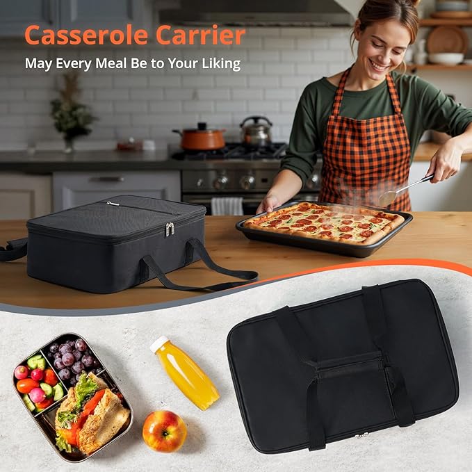 Insulated Casserole Carrier for Hot or Cold Food,Pie Carrier Bag Lunch Bag Tote for Potluck Parties/Picnic/Cookouts, Fits 9"x13" Baking Dish,Black