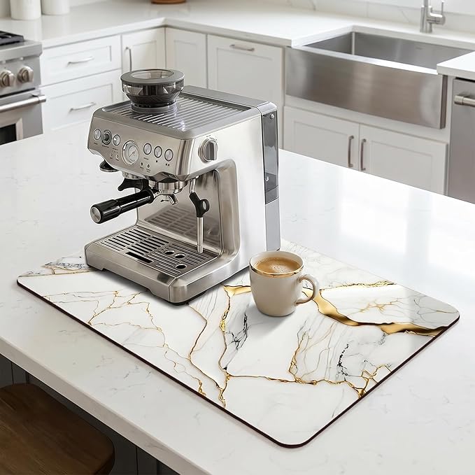 Coffee Mat or Dish Drying Mat Super Absorbent Drying Marble pattern Mat, Fit Under Coffee Maker Espresso Machine Absorbent Hide Stain Rubber Backed Dish Drying Mat for Kitchen Counter (12″x 20″white)