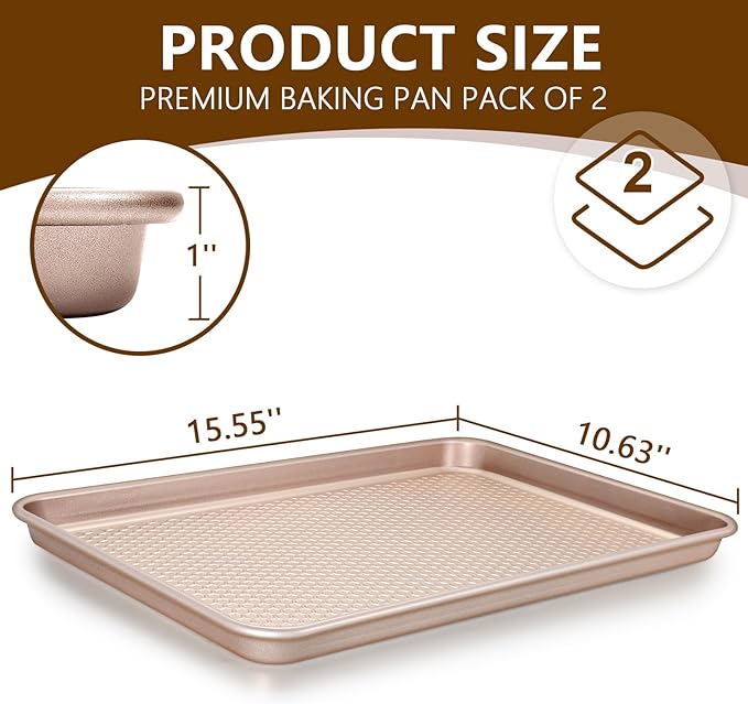 Wildone Baking Sheet Pan Set, Honeycomb Embossed Nonstick Baking Sheet 15x10 In, Thicker Carbon Steel Cookie Sheet, Even Heating Jelly Roll Pan, Rose Gold, 2 Pack - Image 2