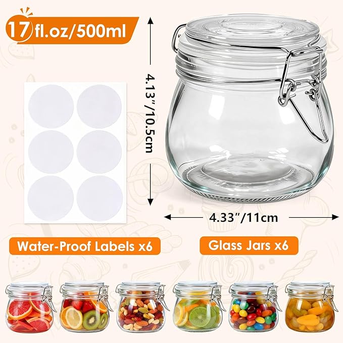 SKOCHE 17oz Glass Jars with Airtight Lids 6 Pack, Air Tight Glass Storage Jar, Leakproof 17 oz Jars with Seal Wire Clips for Pickling, Kitchen, Canning Jam, Food Storage, Preserving Nuts and Snacks - Image 4