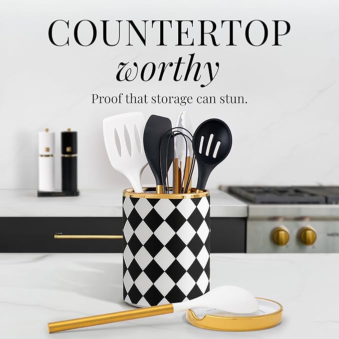 STYLED SETTINGS Black & White Checkered Utensil Holder Set – Large Ceramic Kitchen Utensil Holder for Countertop with Gold Spoon Rest – Stylish Checkered Kitchen Decor & Organizer - Image 4
