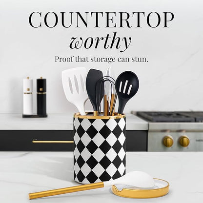STYLED SETTINGS Black & White Checkered Utensil Holder Set – Large Ceramic Kitchen Utensil Holder for Countertop with Gold Spoon Rest – Stylish Checkered Kitchen Decor & Organizer - Image 4