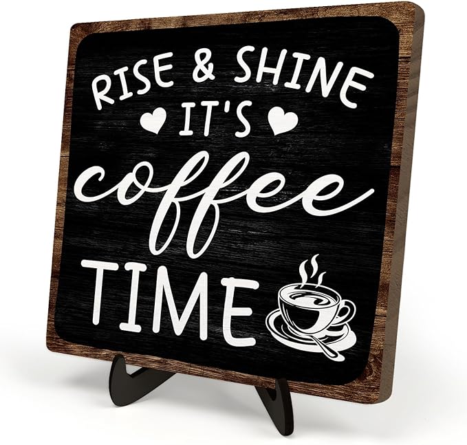 Farmhouse Coffee Wooden Plaque Sign, Vintage Desk Decor for Home or Office Coffee Station,Cafe Bar Sign - Rise & Shine It's Kitchen Wooden Sign 5.9x5.9In (Black2) by DMADNF