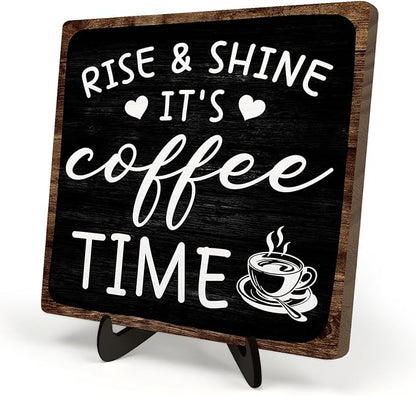 Farmhouse Coffee Wooden Plaque Sign, Vintage Desk Decor for Home or Office Coffee Station,Cafe Bar Sign - Rise & Shine It's Kitchen Wooden Sign 5.9x5.9In (Black2) by DMADNF