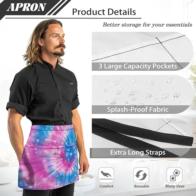 Server Apron with 3 Pockets, Waterproof Oil Waitress Waiter Half Apron for Restaurant Hotel Kitchen Cafe