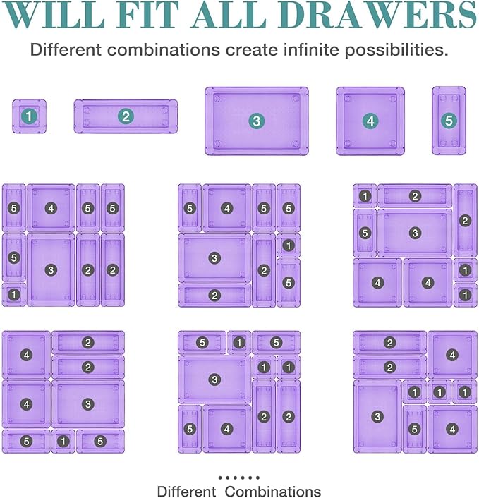 StorMiracle 16 PCS Drawer Organizer Set, 5 Varied Size Bathroom and kitchen Drawer cabinet organizer Trays, Clear Storage Bins for Makeup, Jewelry, Utensils and Gadgets, Purple - Image 4