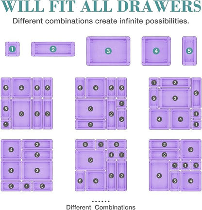 StorMiracle 16 PCS Drawer Organizer Set, 5 Varied Size Bathroom and kitchen Drawer cabinet organizer Trays, Clear Storage Bins for Makeup, Jewelry, Utensils and Gadgets, Purple - Image 4