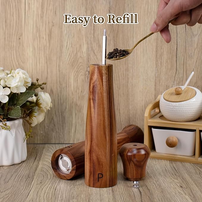 Haomacro 2 Pack 10 Inch Acacia Wooden Salt and Pepper Grinder Set, Manual Salt and Pepper Mills, Salt Grinder Refillable with Adjustable Coarseness, Ceramic/Stainless Steel Core Tableware Gifts - Image 5