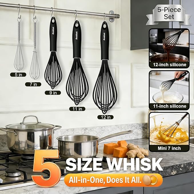 Anaeat Kitchen Whisk Set of 5, Perfect for Non-Stick Cookware, Egg Beater Milk ​Blender for Whisking, Cooking, Baking - 5"+7" Mini Wire Whisk and 9''+11''+12'' Silicone Balloon Whisks (Black) - Image 7