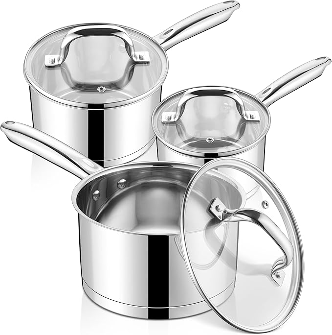 LIANYU Stainless Steel Saucepan Set With Lids, 1QT & 2QT & 3QT Sauce Pot Set of 3, Heavy Duty Induction Saucepan for Cooking Soup Milk Butter, Oven & Dishwasher Safe (3 Pots+3 Lids)