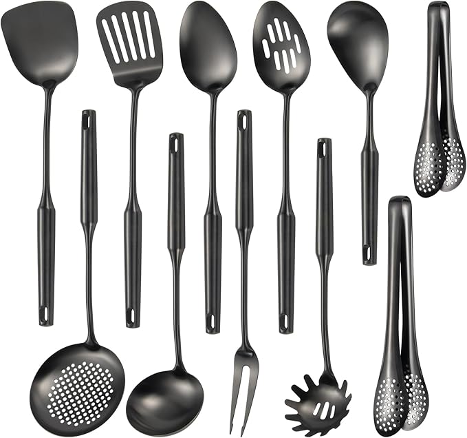 304 Stainlss Steel Matte Kitchen Utensils Set, 11 Pcs Long Metal Cooking Utensil Gadgets Tools Set with Spatula, Ladle, Spoon, Ladle, Skimmer, Tunner, Pasta Server, Tongs(Black, Dishwasher Safe) by Lazycorner
