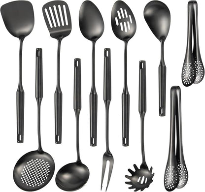 304 Stainlss Steel Matte Kitchen Utensils Set, 11 Pcs Long Metal Cooking Utensil Gadgets Tools Set with Spatula, Ladle, Spoon, Ladle, Skimmer, Tunner, Pasta Server, Tongs(Black, Dishwasher Safe) by Lazycorner