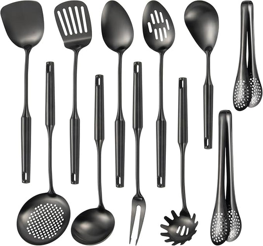 304 Stainlss Steel Matte Kitchen Utensils Set, 11 Pcs Long Metal Cooking Utensil Gadgets Tools Set with Spatula, Ladle, Spoon, Ladle, Skimmer, Tunner, Pasta Server, Tongs(Black, Dishwasher Safe) by Lazycorner