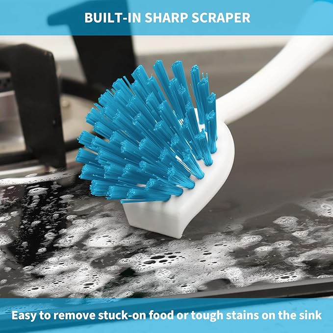 Dish Brush with Handle, 2 Pack Scrub Brushes with Built-in Scraper for Cleaning Kitchen, Pots, Pans and Sink, Scrubber Washing Tools, Blue - Image 3