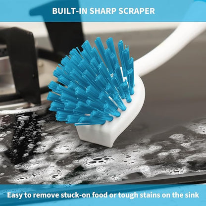 Dish Brush with Handle, 2 Pack Scrub Brushes with Built-in Scraper for Cleaning Kitchen, Pots, Pans and Sink, Scrubber Washing Tools, Blue - Image 3