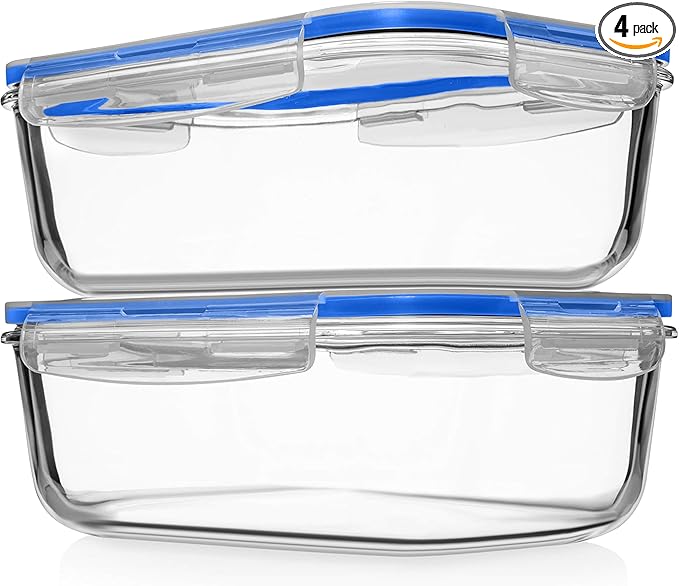 Razab 4 PC 1860ml / 63 Oz / 8 Cups Large Glass Food Storage Containers with Lids - Glass Meal Prep Containers for Roasting & Storing Leftover, Lunch Container with Lids, Microwave & Oven Safe by RazabHomeGoods