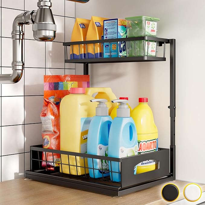 Under Sink Organizer, Cabinet Organizer for Kitchen, Height Adjustable Pull Out Heavy Duty 2 Tier Metal Under Sink Storage for Bathroom Pantry (Black, 1 Pack) by Fabutier