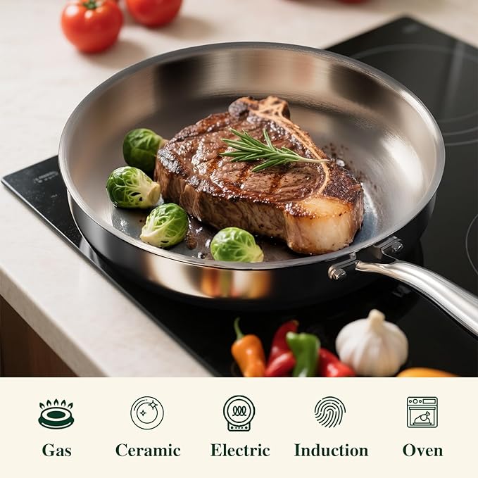 12 Inch Tri-Ply Stainless Steel Frying Pan, Frying Pan with Lid, PFOA/PTFE Free Skillet, Induction Cooking Pans, Dishwasher & Oven Broiler Safe 600F, Professional Cookware, Heavy Duty & Even Heat - Image 7