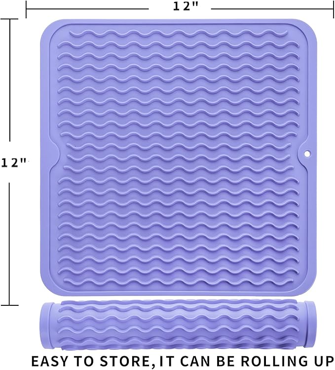 MicoYang Silicone Dish Drying Mat for Multiple Usage,Easy clean,Eco-friendly,Heat-resistant Silicone Mat for Kitchen Counter or Sink,Refrigerator or Drawer liner Light Purple M 12 inches x 12 inches - Image 2