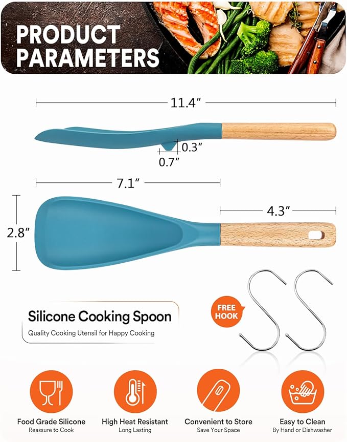 Cooking Spoon for Nonstick Cookwares, Great for Cooking and Serving Sturdy BPA-Free Matte Silicone, Wood Handle Spoon for Mixing, Scoop, and Scrape (Khaki & Turquoise, 11.4 inch) - Image 2