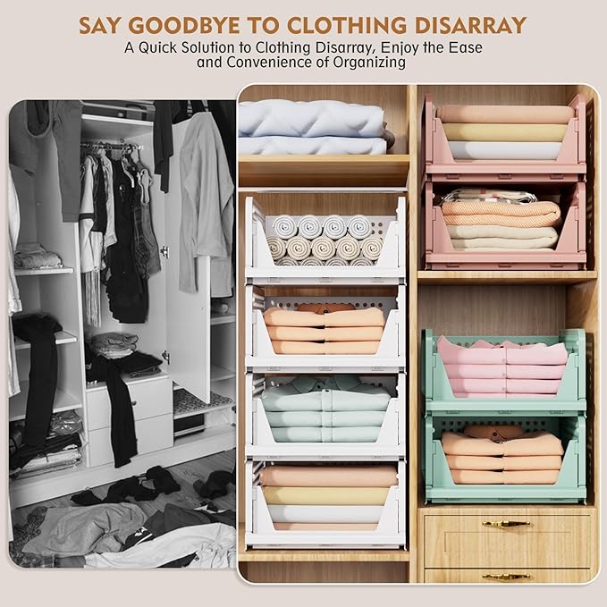 SNSLXH 8 Pack Stackable Closet Storage Bins, Multifunctional & Foldable Closet Organizers and Storage for Bathroom Kitchen Laundry Room Drawer Shelf Storage, Space-Saving Wardrobe Organizer, White - Image 8