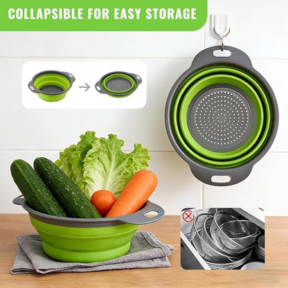 2 Pack Collapsible Silicone Colander with Handle, Over Sink Foldable Food Strainer, BPA-Free Space Saving Drain Basket for Vegetables, Fruits, Pasta, Kitchen & Camping (Green) - Image 3