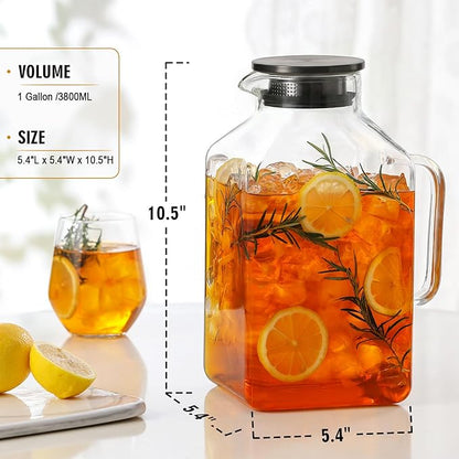 1 Gallon Square Glass Pitcher with Lid and Spout, Borosilicate Glass Carafe for Hot/Cold Drink, Water Pitchers with Handle for Fridge, Extra Large Jug for Iced Tea, Coffee, Juice, Beverage, Black - Image 2