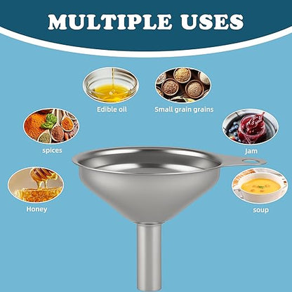 Stainless Steel Kitchen Funnel, Large, Medium and Small Three-piece Set with Cleaning Brush, Mini Metal Kitchen Funnel, for Transferring Liquids and Small Solids, Spices, Essential Oils, Fluid Foods