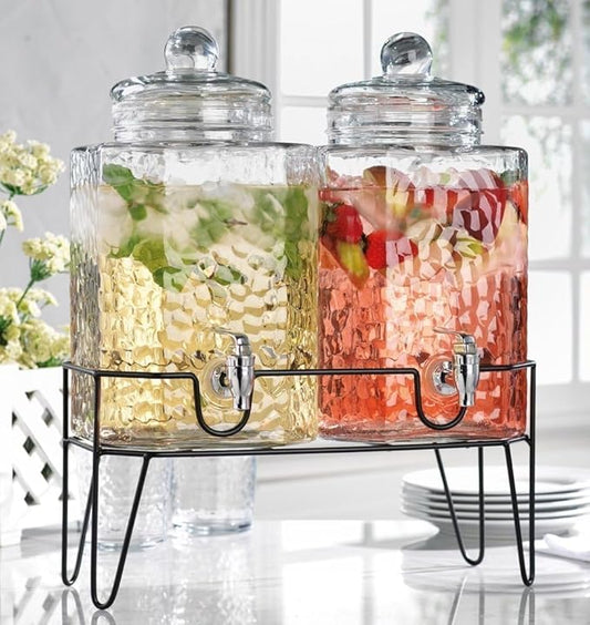 MosJos Beverage Dispensers - Set of 2 Glass Drink Dispensers with Metel Stand - 1.5-Gallon Capacity - Perfect for Lemonade, Juice, Water, Iced Tea, Punch by MosJos