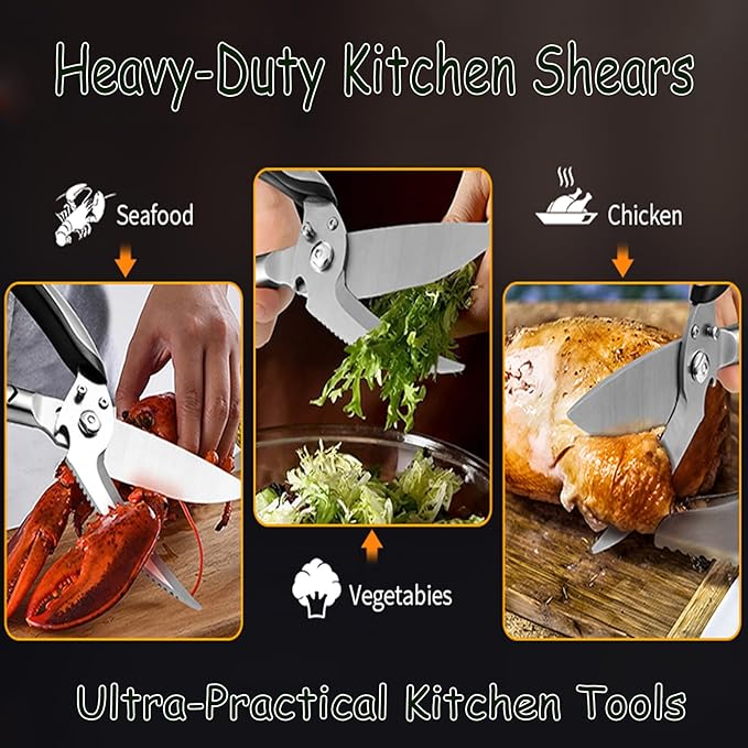 Kitchen Shears Heavy Duty, Stainless Steel Sharp Poultry Kitchen Scissors for Food,Work or Daily Use (Black and Silver)